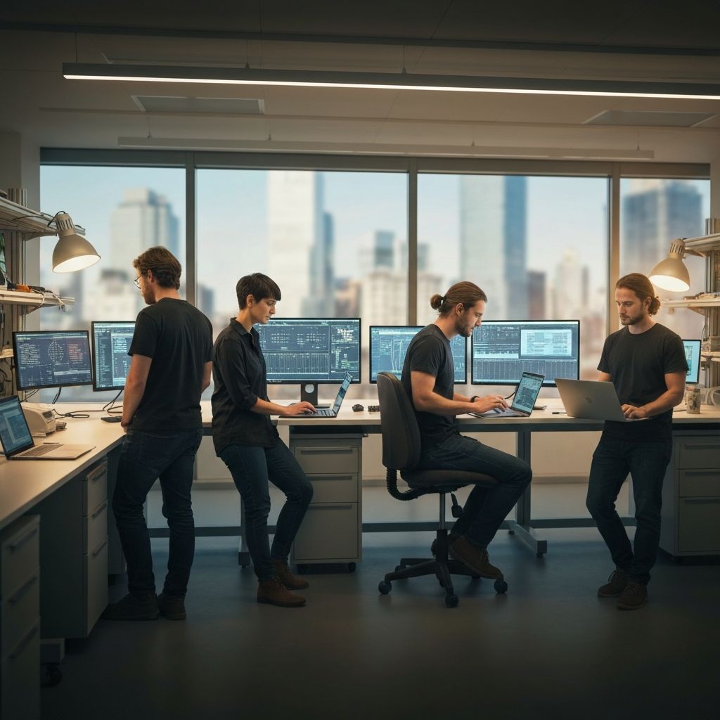 Екип от изследователи, анализиращи данни в модерна лаборатория, с разфокусиран фон на градски пейзаж, демонстрирайки професионализъм и фокус върху науката