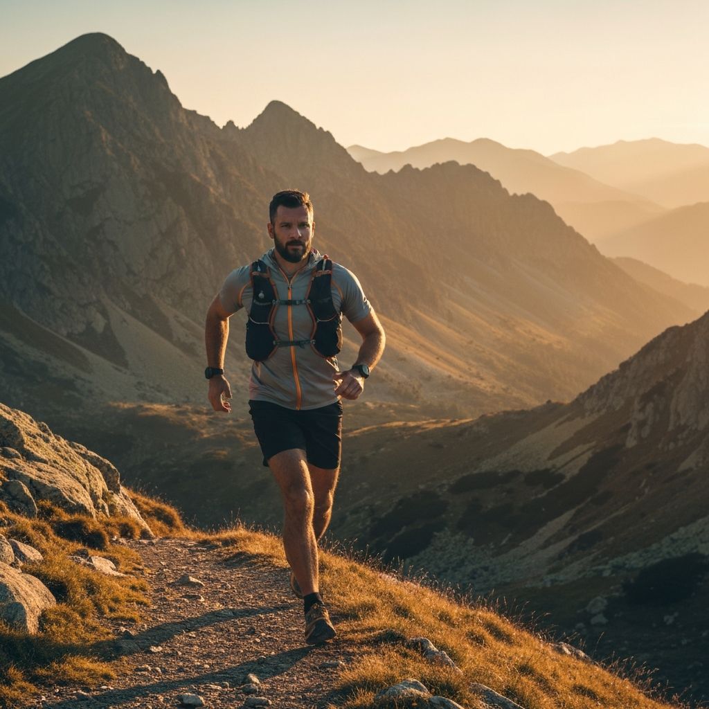 Активен мъж, тичащ в планината при изгрев, символизиращ жизненост и природен заряд