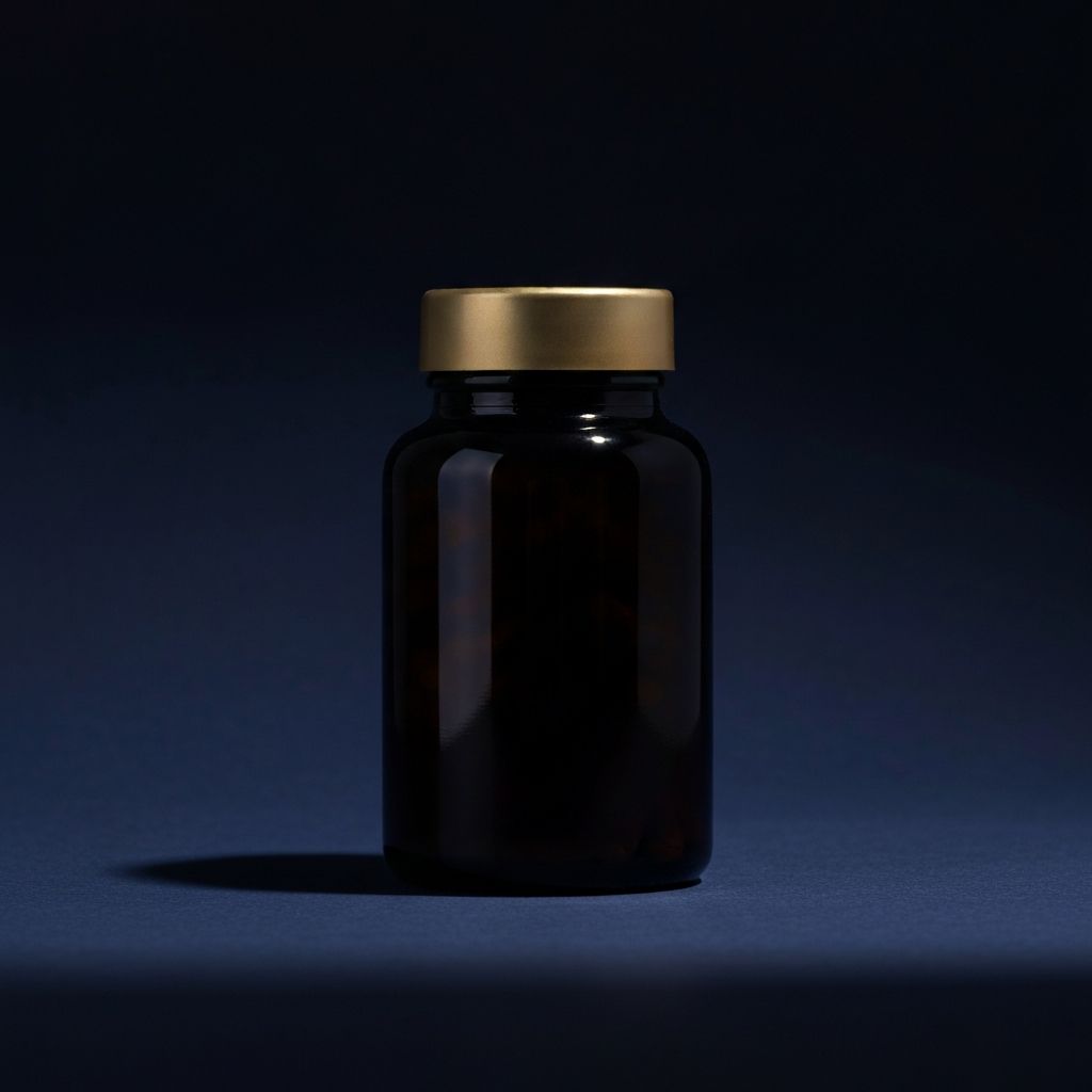 Запечатана бутилка с витаминен комплекс на тъмен фон с драматично осветление, символизираща качествено производство