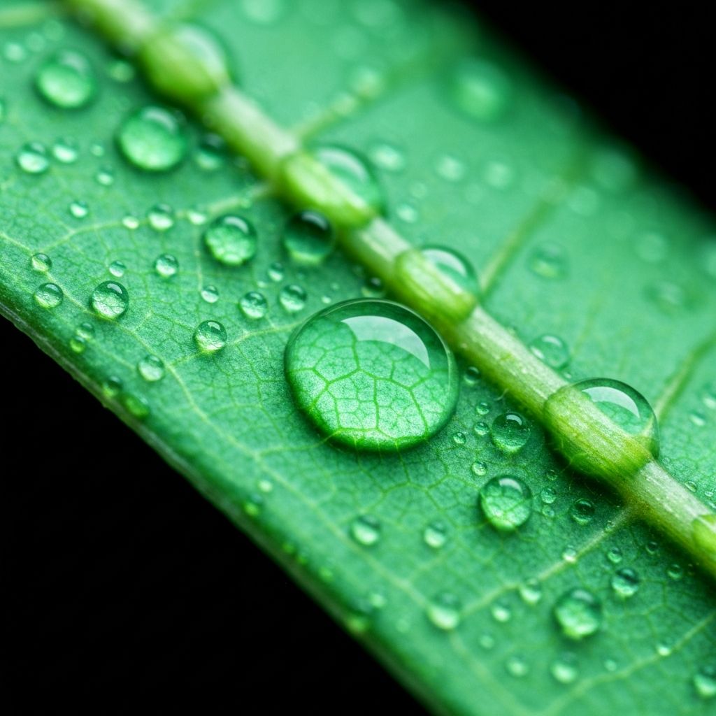 Макро снимка на водни капки върху зелен лист, символизираща клетъчна свежест