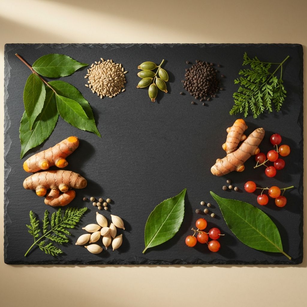 Натурални растителни съставки, наредени на тъмна повърхност