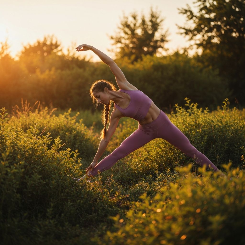 Активен начин на живот сред природата — жена, практикуваща йога при изгрев слънце, отразяваща баланс и жизненост